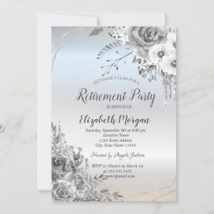 Glitter Drips,Flowers,Silver Retirement Invitation