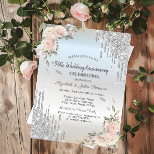 Glitter Drips,Flowers Silver  Wedding Anniversary Invitation
