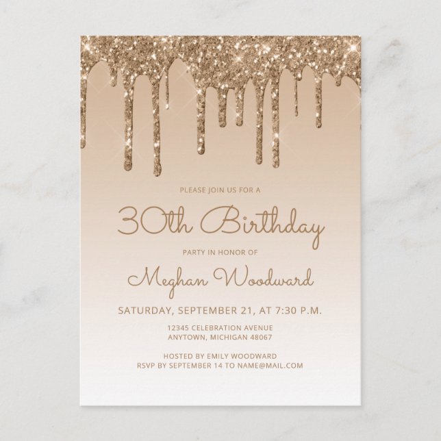 Glitter Drips Gold 30th Birthday Party Invitation Postcard (Front)