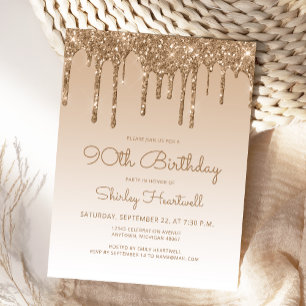 Glitter Drips Gold 90th Birthday Party Invitation Postcard