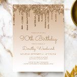 Glitter Drips Gold 90th Birthday Party Invitation Postcard<br><div class="desc">This trendy 90th birthday invitation features a sparkly gold faux glitter drip border and ombre background. The words "90th Birthday" and the name of the guest of honour appear in casual gold handwriting script,  with the rest of the customizable text in gold sans serif font.</div>