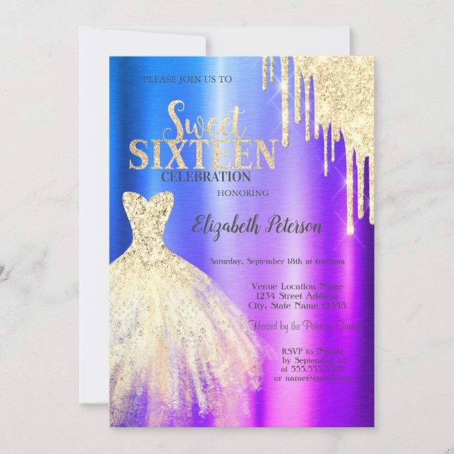  Glitter Drips Gold Dress Ombre Metallic Sweet 16 Invitation (Front)