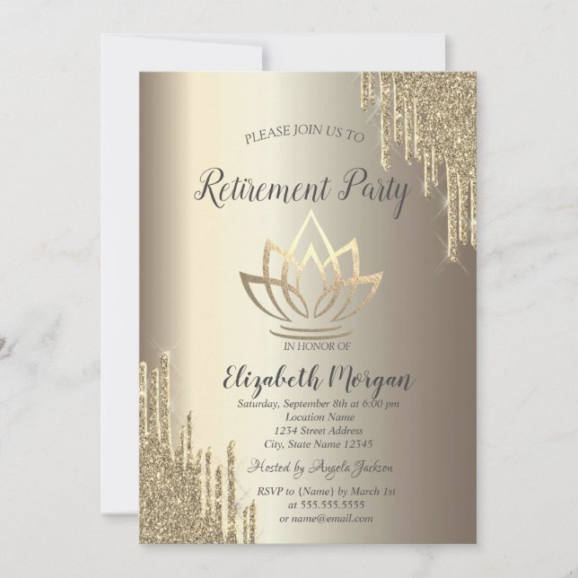 Glitter Drips Gold Lotus Champagne Retirement Invitation (Front)
