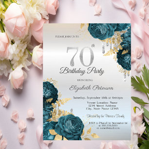 Glitter Drips Green Flowers Silver 70th Birthday Invitation