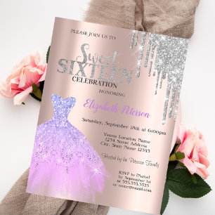 Glitter Drips,Lavander Dress Rose Gold Sweet 16 Invitation