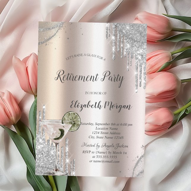 Glitter Drips Martini Rose Gold Retirement Invitation (Creator Uploaded)