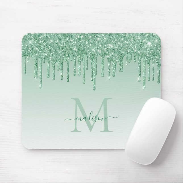 Glitter Drips Mint Green Sparkle Monogram Elegant Mouse Pad (With Mouse)