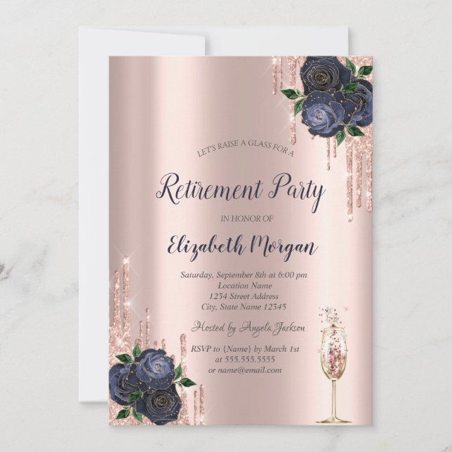  Glitter Drips,Navy Blue Roses Retirement   Invitation (Front)
