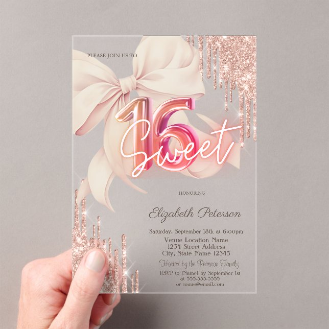 Glitter Drips Pink Bow Rose Gold Shiny Sweet 16 Acrylic Invitations (Insitu (Handheld))