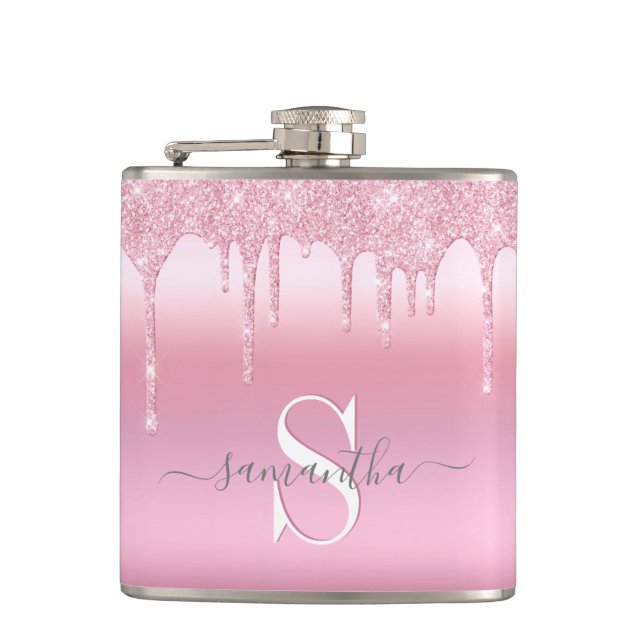 Glitter Drips Pink Personalized Flask (Front)