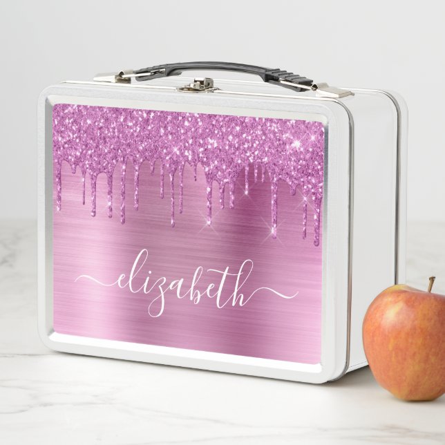 Glitter Drips Pink Personalized Metal Lunch Box (In Situ)