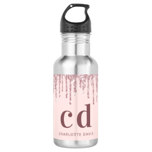 Glitter drips pink rose gold custom monogram name 532 ml water bottle