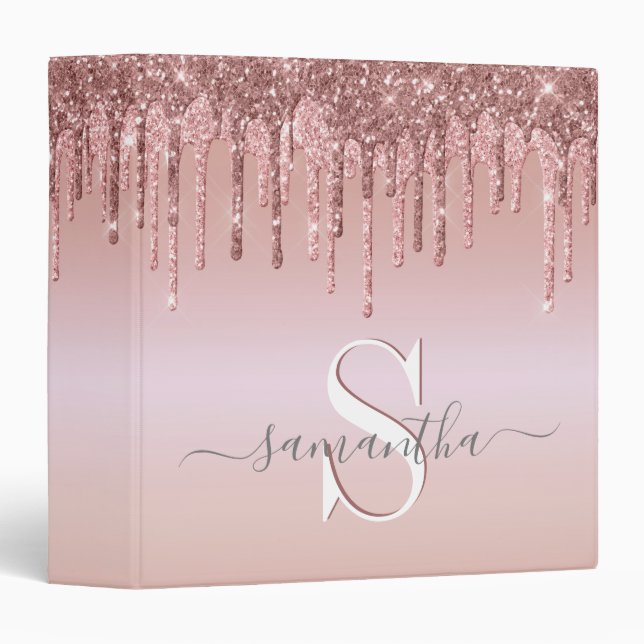 Glitter Drips Pink Rose Gold Personalized Binder (Front/Spine)
