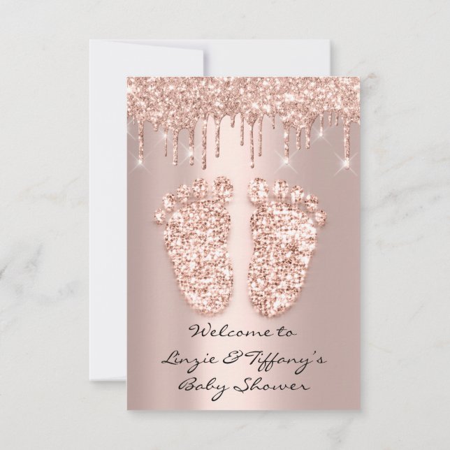 Glitter Drips Rose  Baby Shower Feet Girl Boy Invitation (Back)