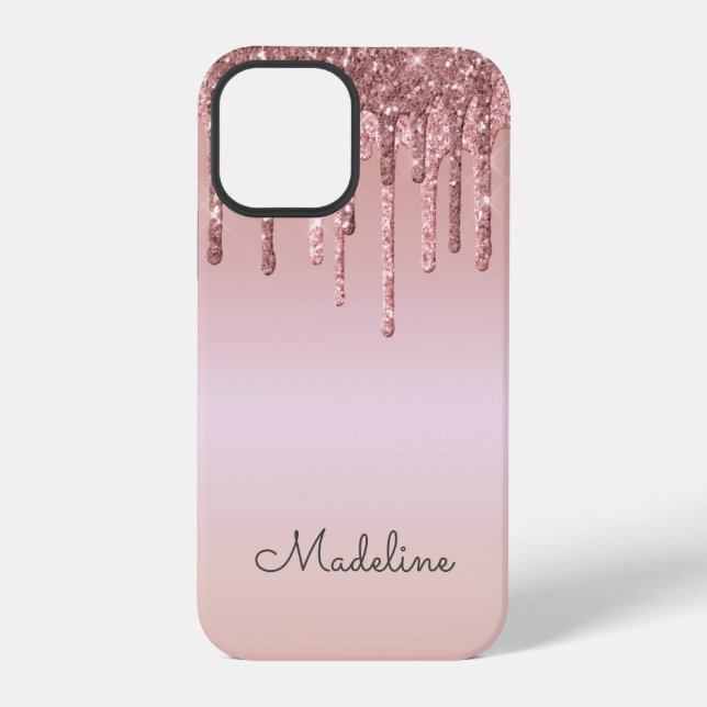 Glitter Drips Rose Blush Pink Black Script Name iPhone Case (Back)
