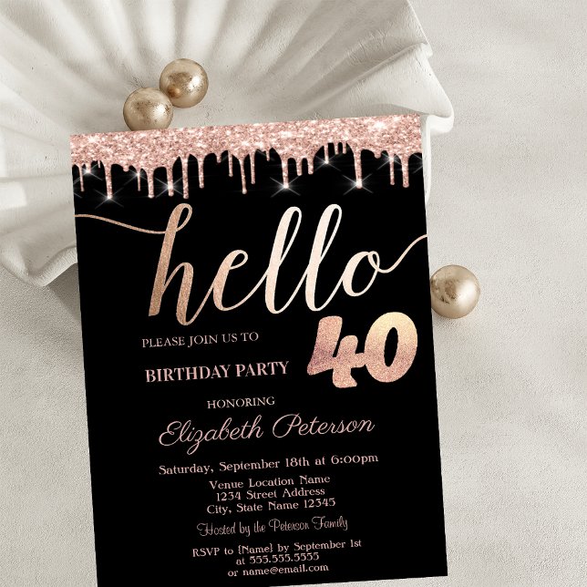 Glitter Drips Rose Gold 40th Birthday Party Invitation (Creator Uploaded)