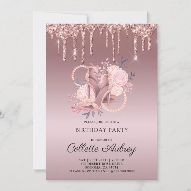Glitter Drips Rose Gold Birthday Invitation (Front)