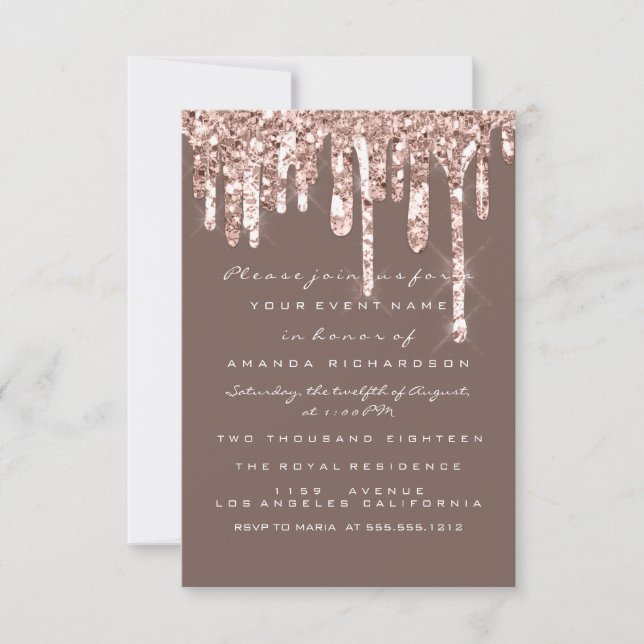 Glitter Drips Rose Gold Black Bridal Sweet 16th Invitation (Front)