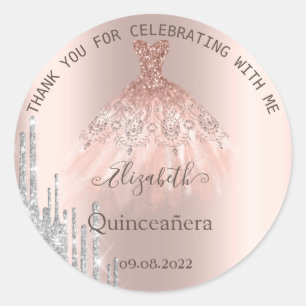 Glitter Drips Rose Gold  Dress Quinceañera Classic Round Sticker