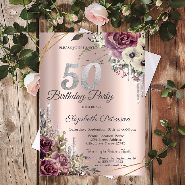 Glitter Drips Rose Gold Floral 50th Birthday  Invitation (Creator Uploaded)