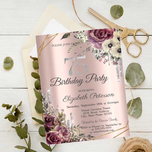 Glitter Drips Rose Gold Floral 75th Birthday  Invitation (Creator Uploaded)