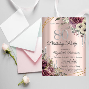 Glitter Drips Rose Gold Floral 80th Birthday  Invitation