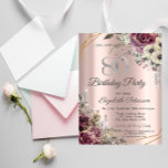 Glitter Drips Rose Gold Floral 80th Birthday  Invitation<br><div class="desc">A modern,  chic,  and glamourous with silver glitter drips,  and flowers on a rose gold background.</div>