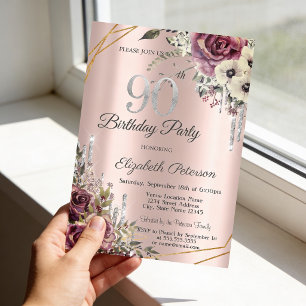 Glitter Drips Rose Gold Floral 90th Birthday Invitation