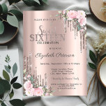 Glitter Drips Rose Gold Floral Sweet 16  Invitation<br><div class="desc">A modern,  chic and glamourous Sweet 16 with glitter drips on a rose gold background.</div>