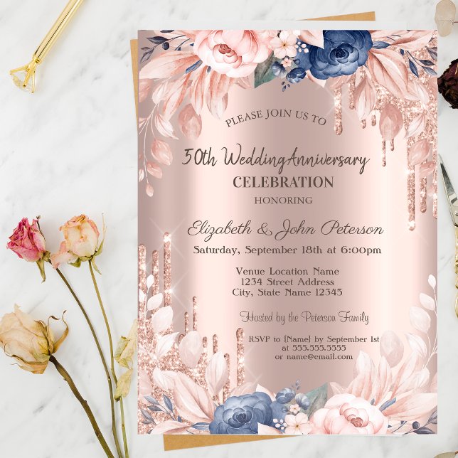 Glitter Drips Rose Gold Floral Wedding Anniversary Invitation (Creator Uploaded)