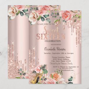 Glitter Drips Rose Gold High Heels Roses Sweet 16 Invitation