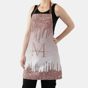 Glitter Drips Rose Gold Monogram Elegant Script Apron