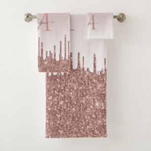 Glitter Drips Rose Gold Monogram Feminine Script Bath Towel Set