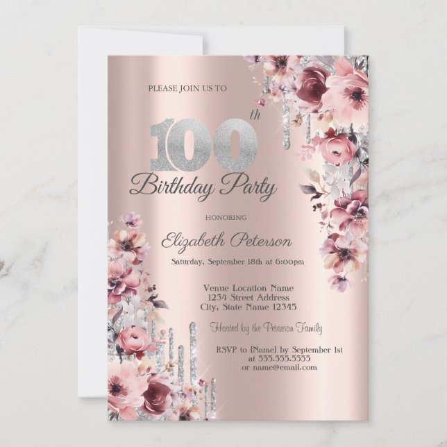 Glitter Drips Rose Gold Pink Floral 100th  Invitation (Front)