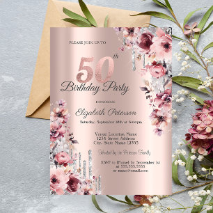 Glitter Drips Rose Gold Pink Floral 50th Birthday Invitation