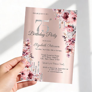 Glitter Drips Rose Gold Pink Floral 75th Birthday Invitation
