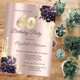 Glitter Drips Rose Gold Purple Roses 60th  Invitation