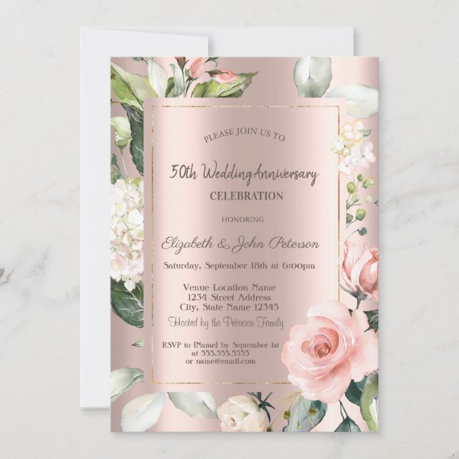 Glitter Drips Rose Gold Roses Wedding Anniversary Invitation (Front)