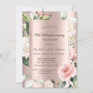 Glitter Drips Rose Gold Roses Wedding Anniversary Invitation