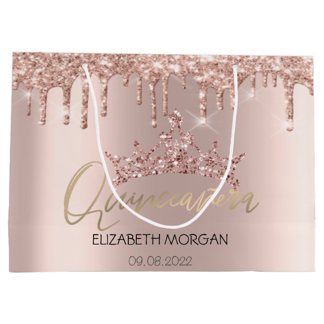 Glitter Drips Rose Gold Tiara  Quinceañera   Large Gift Bag (Back)