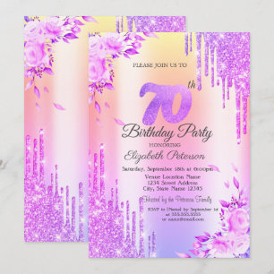Glitter Drips,Roses,Violet 70th Birthday  Invitation