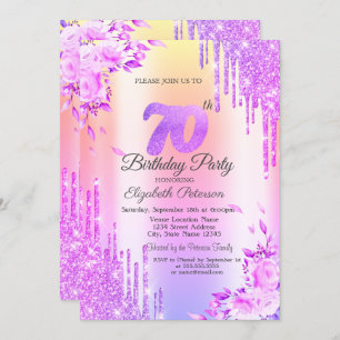 Glitter Drips,Roses,Violet 70th Birthday Invitation