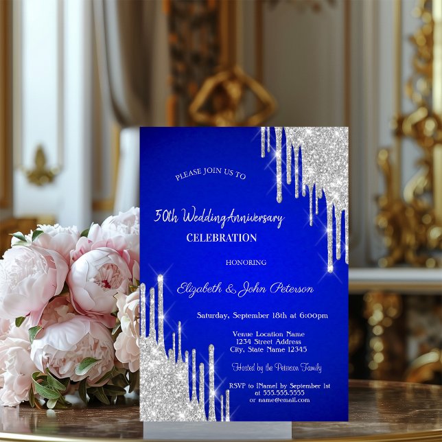 Glitter Drips Royal Blue Wedding Anniversary Invitation (Creator Uploaded)