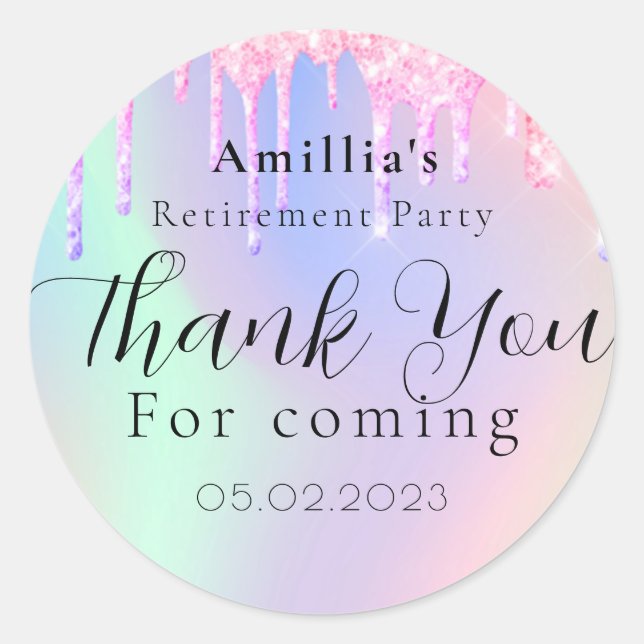 Glitter Drips Script Retirement Thank You Favour Classic Round Sticker (Front)