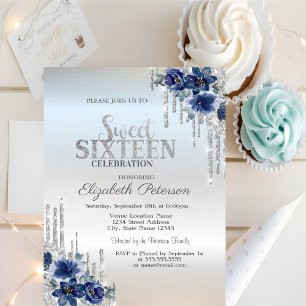  Glitter Drips Silver Blue Flowers Sweet 16  Invitation