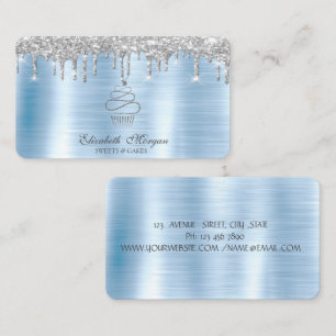 Glitter Drips Silver Cupcake Bakery Blue Metallic Business Card