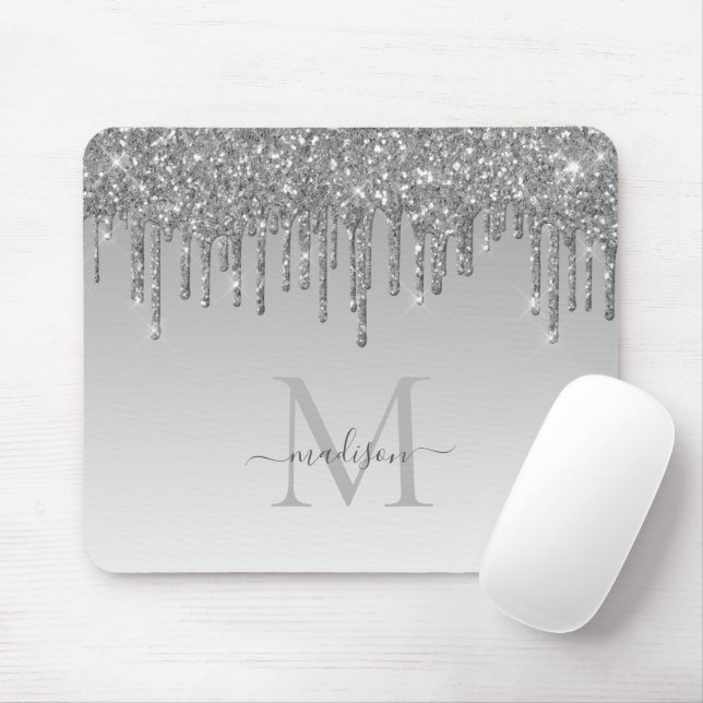 Glitter Drips Silver Grey Sparkle Monogram Elegant Mouse Pad (With Mouse)