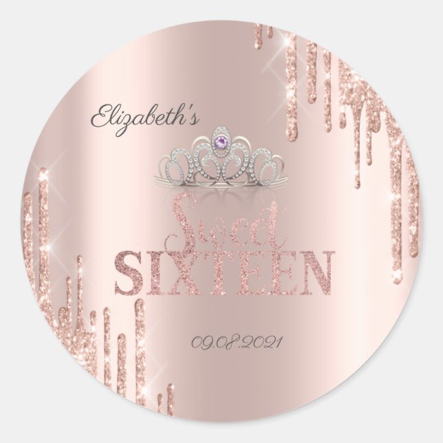  Glitter Drips Tiara Rose Gold Sweet 16    Classic Round Sticker (Front)