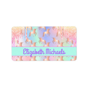 Glitter drips unicorn rainbow name bookplate label