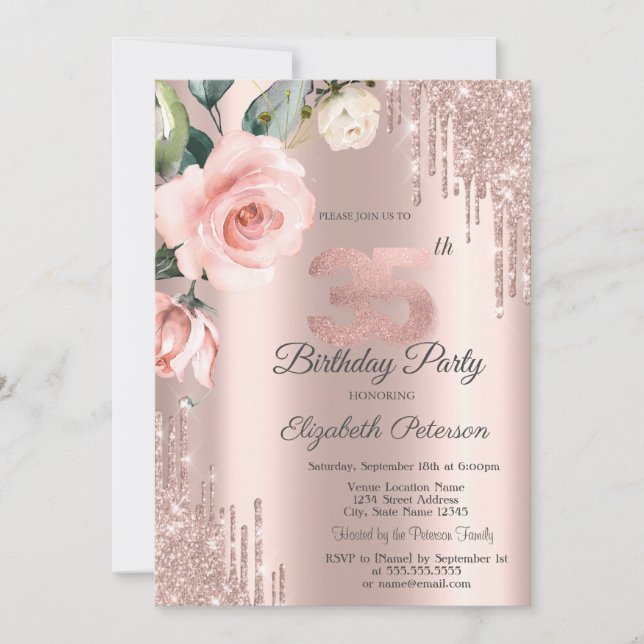 Glitter Drips Watercolor Roses 35th Birthday   Invitation (Front)